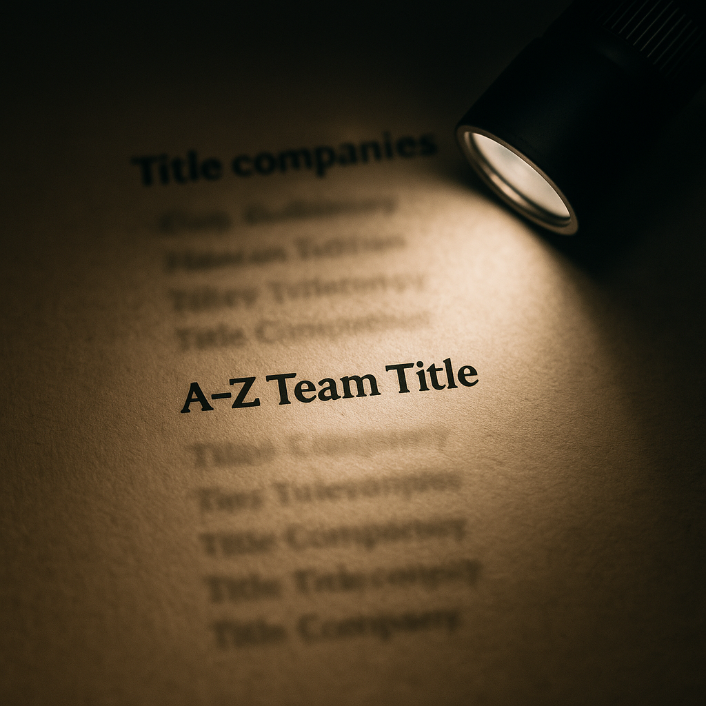 Flashlight illuminating A-Z Team Title on a blurred list of title companies, symbolizing local expertise and trust.