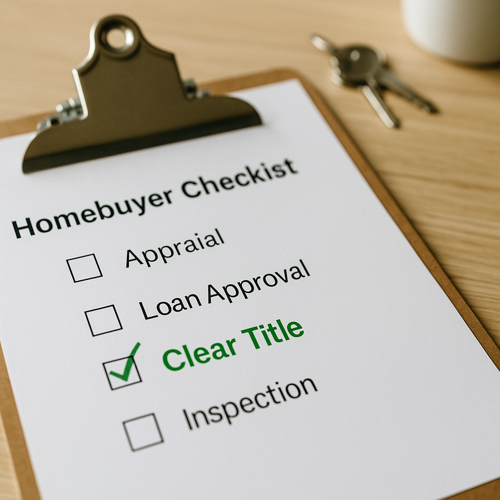 Real estate checklist with “Clear Title” marked complete, symbolizing title verification in a home purchase.