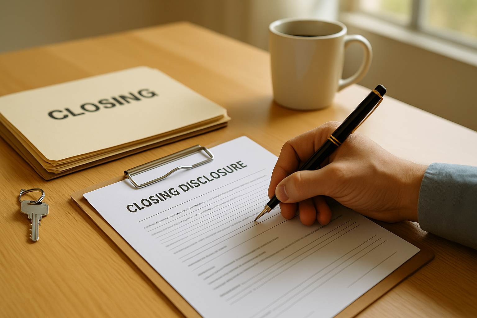 Person signing closing disclosure with keys, folders, and coffee mug on table
