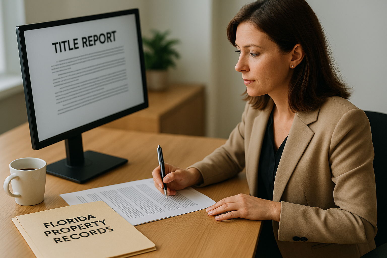 Title agent reviewing Florida property records at a desk with documents and computer screen