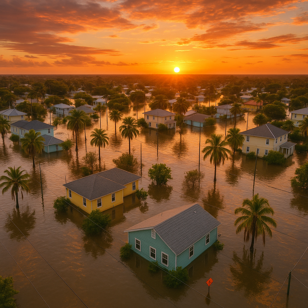 Aerial view of a flooded Florida town at sunset, with palm trees and houses partially submerged in water.