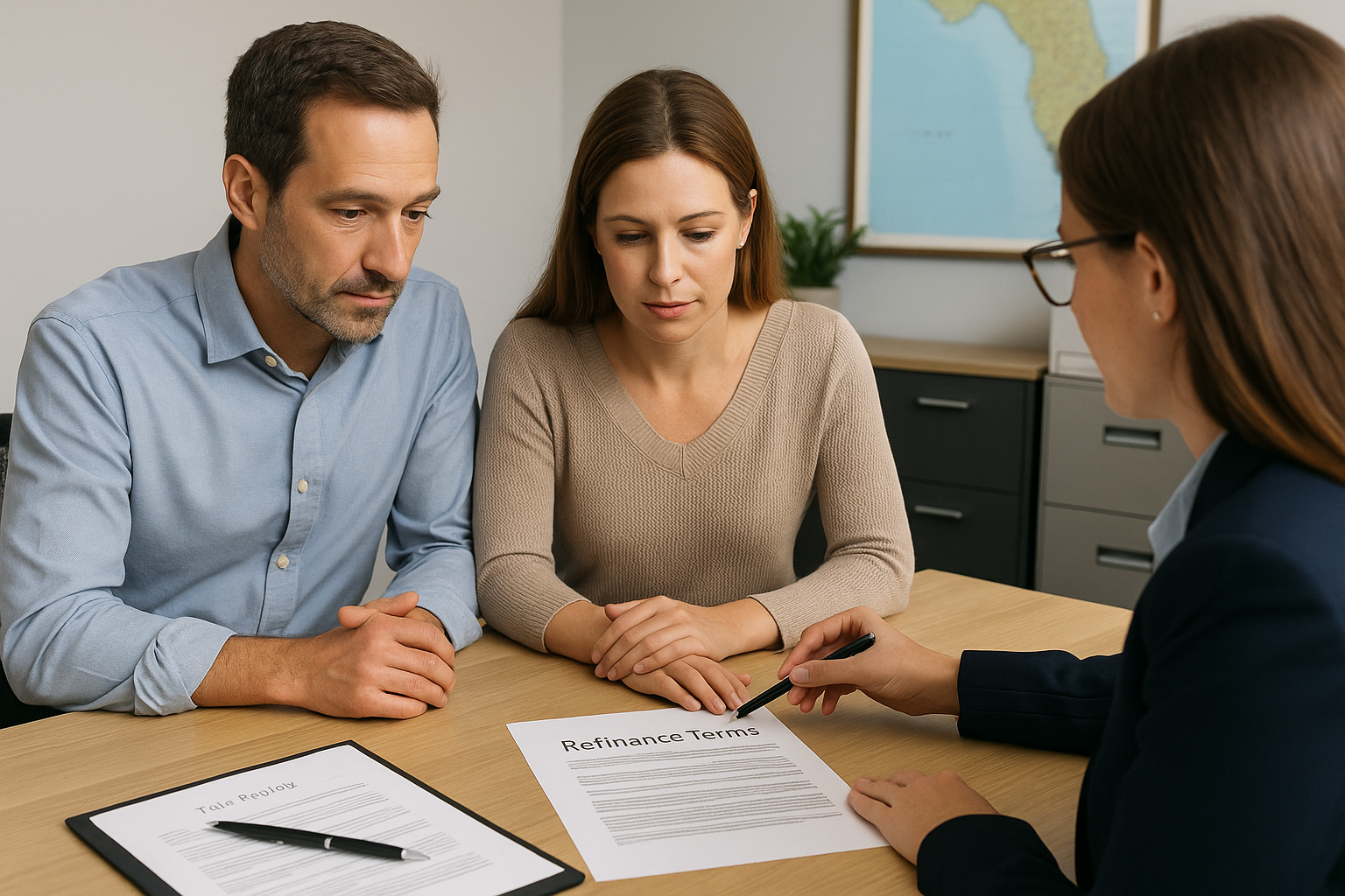 Couple reviewing refinance terms with a title agent in a Florida office