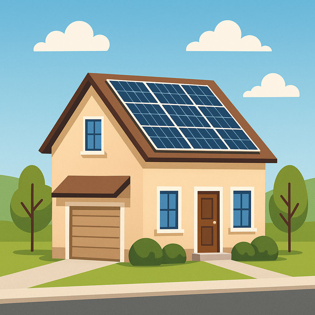 Two-story suburban house with solar panels on the roof, surrounded by trees and a blue sky.
